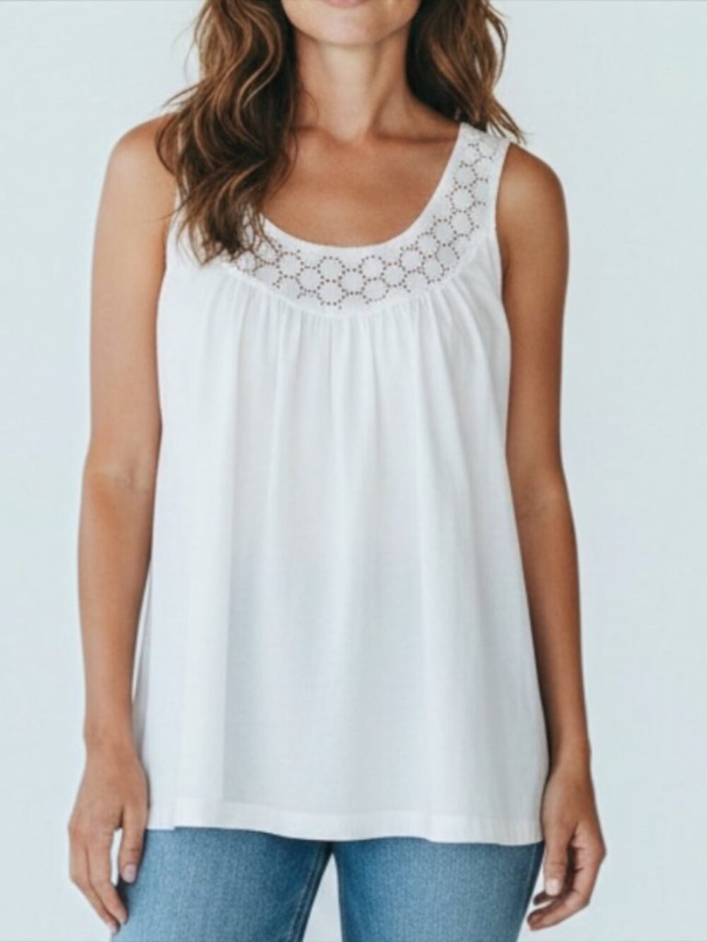 Carolyn Taylor White Cotton Knit Eyelet Trim Sleeveless Tank Top Size Large